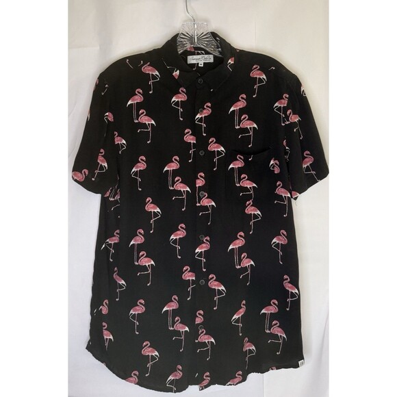 Sovereign Code Mens M Shirt Black Pink Flamingo Print Button Up Short Sleeve - Picture 1 of 8